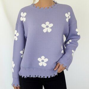 Hayden Girls Sweater Size XL Purple Cable Knit Floral Preppy Chunky Fringe